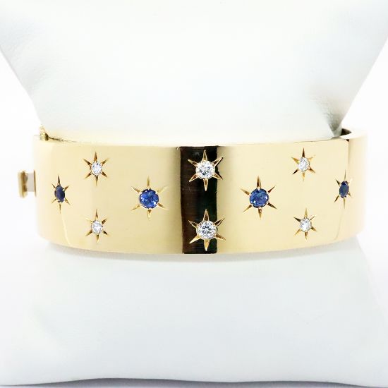 Picture of Vintage 14k Yellow Gold Hinged Bangle Bracelet with Diamond & Sapphire Accented Star Details