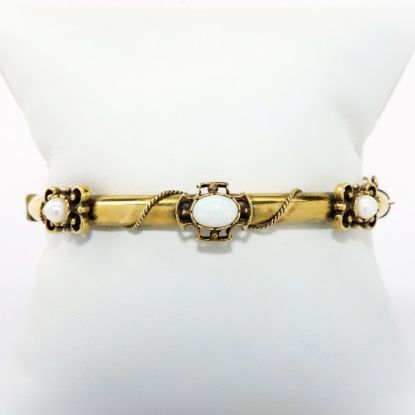 Picture of Antique Victorian Etruscan Revival 14k Yellow Gold, Opal & Pearl Hinged Bangle Bracelet