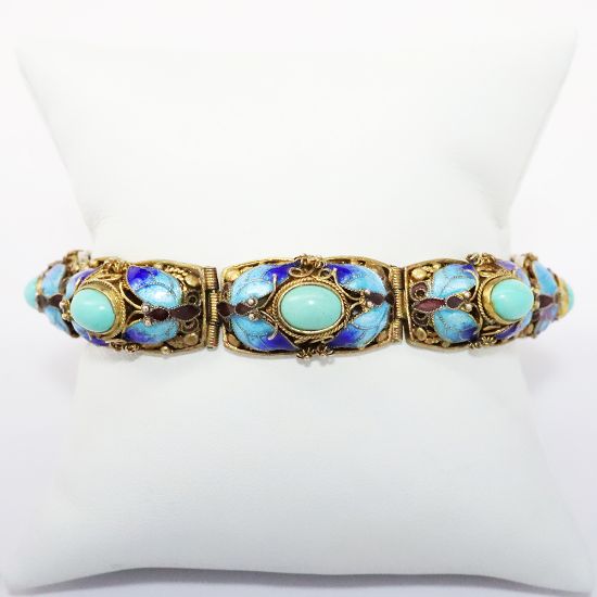 Picture of Vintage Gilt Chinese Export Silver, Turquoise Cabochons & Cloisonné Enamel Butterflies Bracelet