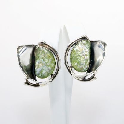 Picture of Vintage Modernist Avi Soffer Sterling Silver & Ancient Roman Glass Clip-On Earrings