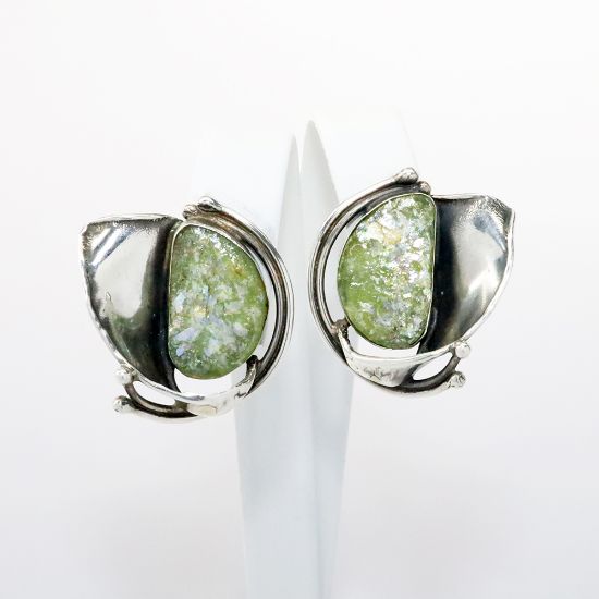 Picture of Vintage Modernist Avi Soffer Sterling Silver & Ancient Roman Glass Clip-On Earrings