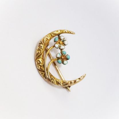 Picture of Antique Victorian Era 10k Yellow Gold Crescent Moon Brooch with Enameled Forget-Me-Not Flowers