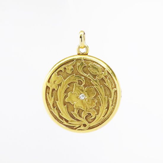 Picture of Antique Art Nouveau Era 14k Yellow Gold Floral Motif Locket with Small Diamond Accent