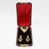 Picture of Antique Victorian 14k Yellow Gold, Black Enamel & Seed Pearl Mourning Brooch & Earring Set in Original Box