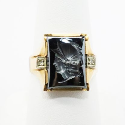 Picture of Vintage Hand Wrought 10k Yellow Gold & Hematite Men's Intaglio Ring with Diamond Accents