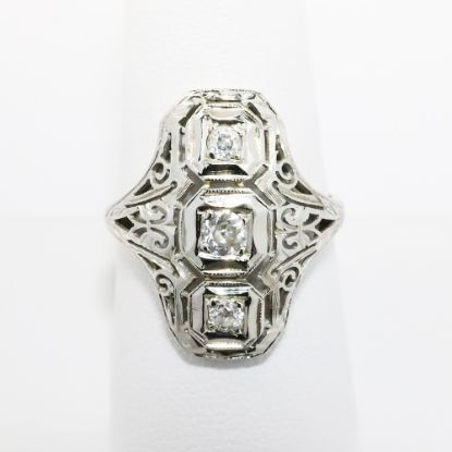 Picture of Late Edwardian Era 18k White Gold Filigree & Triple Old European Cut Diamond Ring