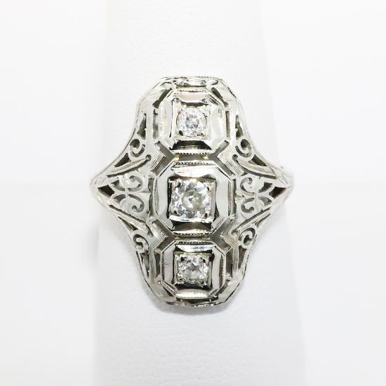 Picture of Late Edwardian Era 18k White Gold Filigree & Triple Old European Cut Diamond Ring