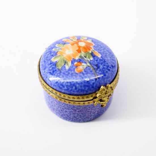 Picture of Vintage Traditional Limoges, France Porcelain Round Blue Trinket Box with Painted Orange Flowers