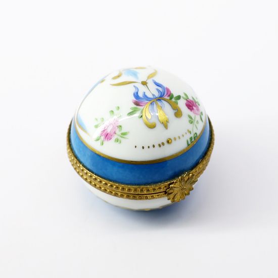 Picture of Vintage Traditional Round Limoges, France Porcelain Trinket Box with Blue Floral Motif