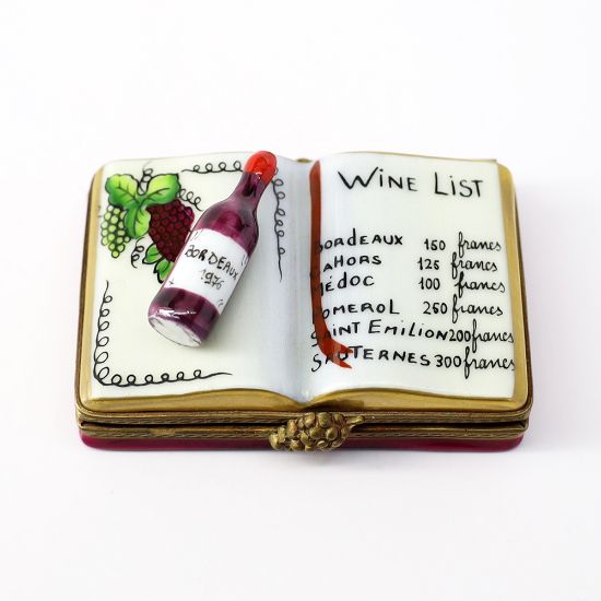 Picture of Limoges, France Porcelain Wine List Book Shaped Trinket Box with Bottle of Bordeaux on the Lid