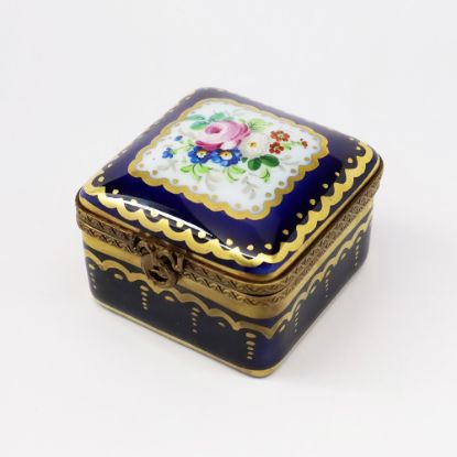 Picture of  Vintage Traditional Square Cobalt Blue Trinket Box With Floral Spray On Lid