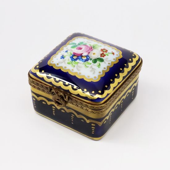 Picture of  Vintage Traditional Square Cobalt Blue Trinket Box With Floral Spray On Lid