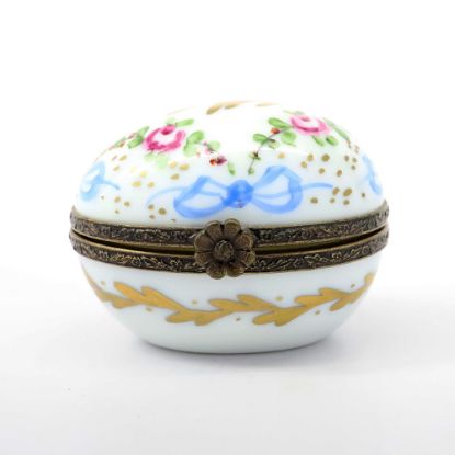 Picture of  Vintage Egg Shaped Limoges Trinket Box With Pink Rose & Blue Bow Motif 