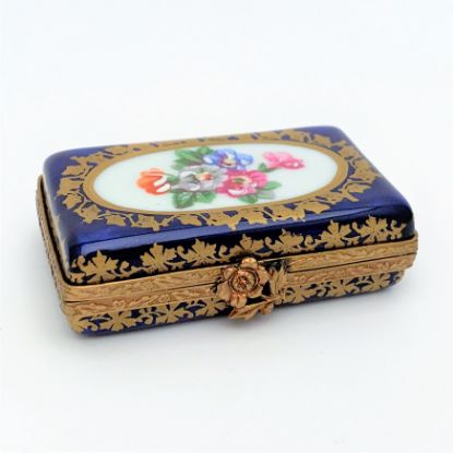 Picture of Parry Vieille Traditional Cobalt Blue & Gold Limoges Trinket Box With Floral Details.