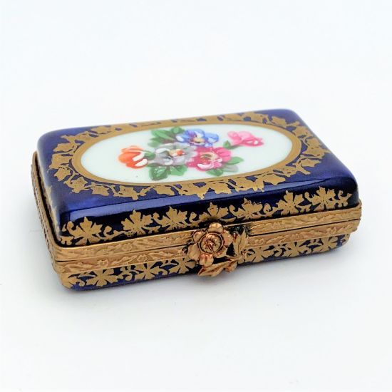 Picture of Parry Vieille Traditional Cobalt Blue & Gold Limoges Trinket Box With Floral Details.