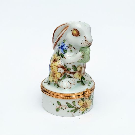 Picture of Retired White Bunny Rabbit Eating Lettuce With Blue & Yellow Flowers Trinket Box