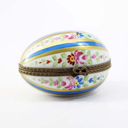 Picture of Limoges, France Porcelain Traditional Egg Shaped Trinket Box with Blue, Gold & Floral Motif