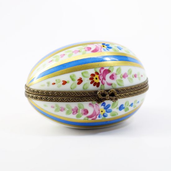 Picture of Limoges, France Porcelain Traditional Egg Shaped Trinket Box with Blue, Gold & Floral Motif