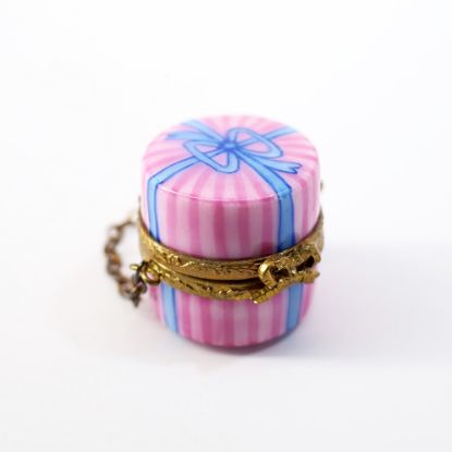 Picture of Miniature Limoges, France Porcelain Pink Hat Box Trinket Box with Blue Bow