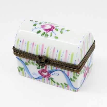 Picture of Vintage Chest Shaped Trinket Box With Pink, Green & Blue Rose & Ribbon Motif