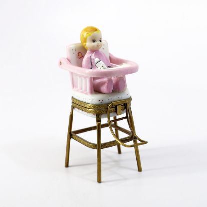 Picture of Limoges, France Porcelain Pink High Chair Trinket Box with Baby Girl Figurine 