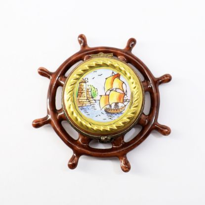 Picture of Limoges, France Porcelain Ship's Wheel Trinket Box with 'Surprise' Compass Inside