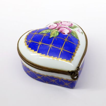 Picture of Retired Heart Shaped Limoges Trinket Box With Roses On Cobalt Blue Background