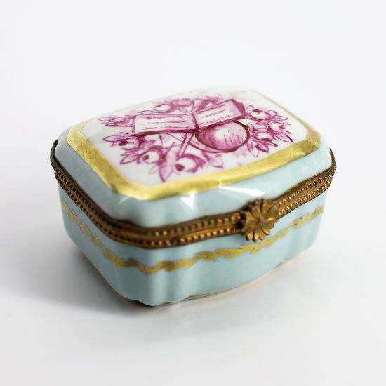 Picture of Antique Limoges Trinket Box In Light Blue With Traditional Flower & Instruments Motif On Lid