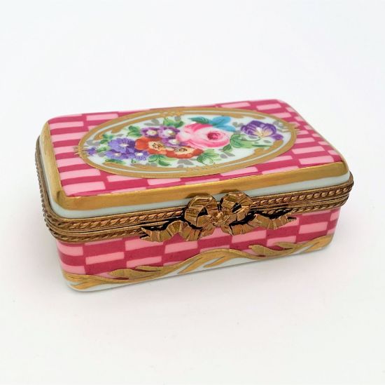 Picture of Vintage Traditional Rectangular Trinket Box In Pink & Gold With Floral Motif