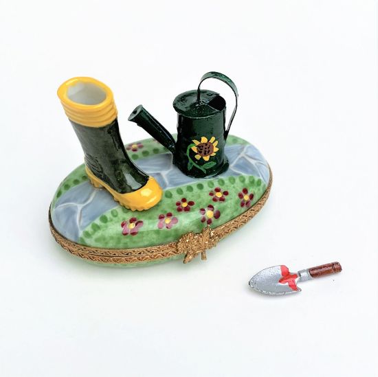 Picture of Retired Garden Boot & Watering Can Trinket Box With 'Surprise' Garden Shovel. Hand-Painted, Artist Signed.