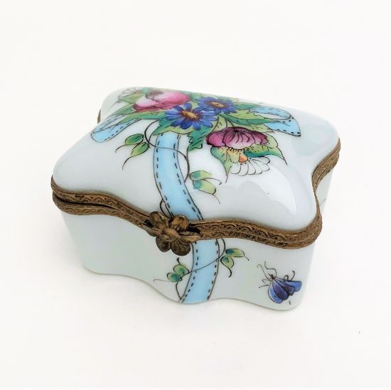 Picture of Vintage Traditional Casket Style Limoges Trinket Box With Flower, Ribbon & Insect Motif. 