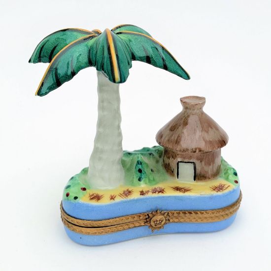 Picture of Rare Bali Tropical Island Trinket Box With Palm Tree & Grass Hut.