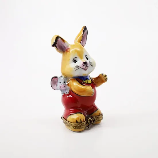 Picture of  Bunny Rabbit In Red Overalls With Mouse Friend Limoges Figurine