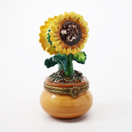 Picture of Retired Limoges Porcelain Sunflowers in a Terra Cotta Pot Trinket Box