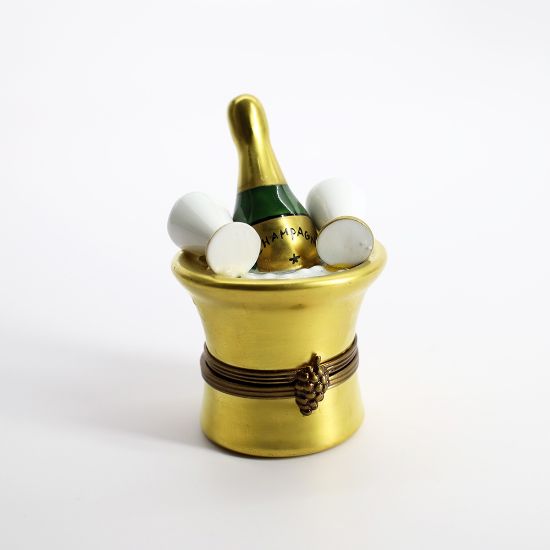 Picture of  Retired Gold Champagne Bucket Woth Bottle & Glasses Limoges Trinket Box By La Gloriette