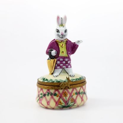 Picture of Girl Rabbit With Umbrella Checking For Rain Limoges Trinket Box