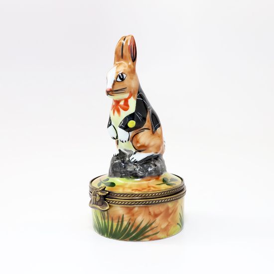 Picture of Rabbit In Magician's Tuxedo Limoges Trinket Box By Rochard (Top Hat & Wand Painted Inside)