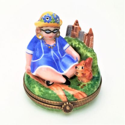 Picture of Retired Lady In City Park With Squirrel Limoges Trinket Box With Original Box