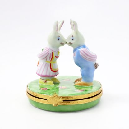 Picture of  'Mr. & Mrs. Rabbit' Kissing & Exchanging Gifts Limoges Trinket Box By Artoria.