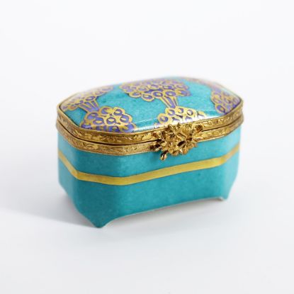 Picture of Vintage Traditional Chest Shaped Limoges Trinket Box In Turquoise, Blue & Gold