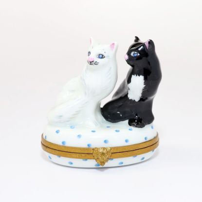 Picture of Retired Black & White Cat Pair Limoges Trinket Box