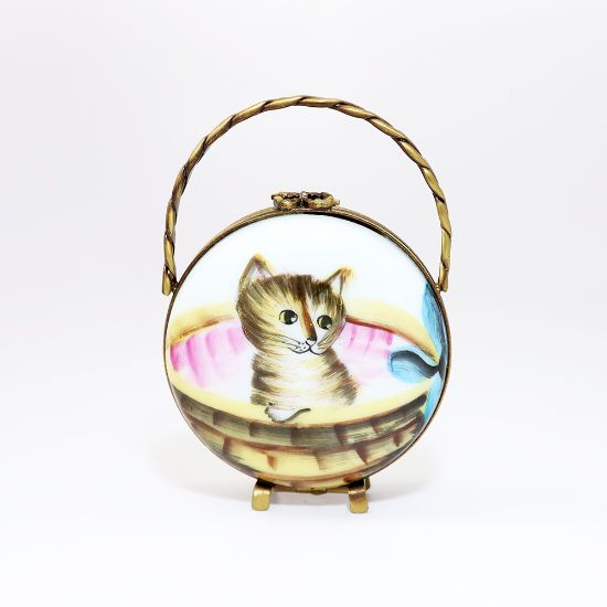 Picture of Retired Basket Shaped Limoges Trinket Box With Kitten Painting By Chamart