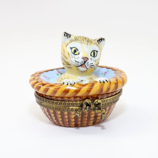 Picture of  Retired Tabby Cat With Pink Bow In Basket Limoges Trinket Box