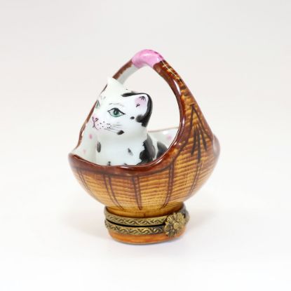 Picture of Black & White Cat In Basket Limoges Figurine By Perry Vieille.