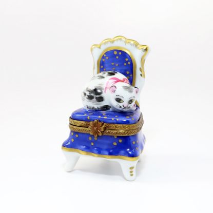 Picture of Cat Sleeping On Blue Chair Limoges Trinket Box By Rochard.