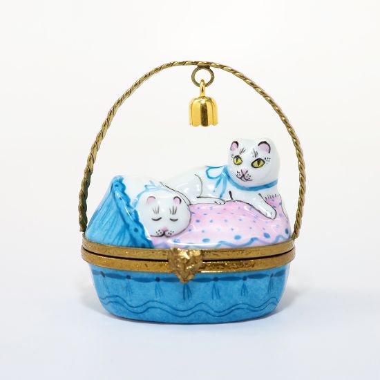 Picture of Pair Of White Cats In Basket With Bell Limoges Trinket Box