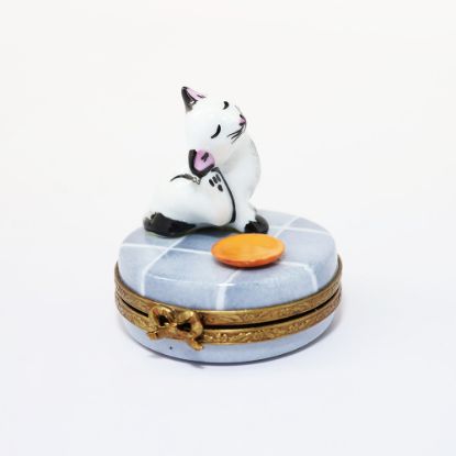 Picture of  Black & White Cat Scratching With Saucer Limoges Trinket Box By Eximious