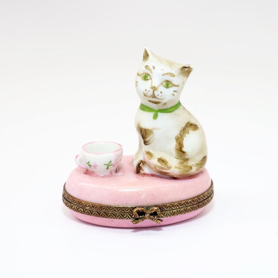 Picture of Brown Cat With Pink Cup Limoges Trinket Box By Chamart