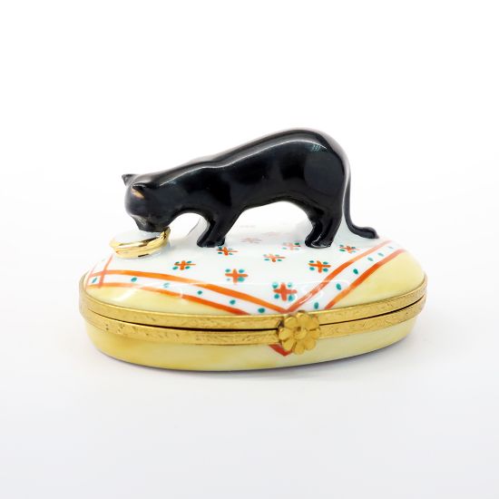 Picture of Black Cat Drinking Milk From Saucer Limoges Trinket Box By Artoria