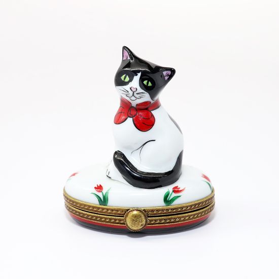 Picture of Black & White Cat With Red Bow Limoges Trinket Box